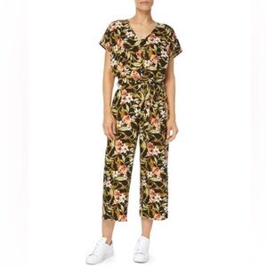 Kensie Women’s Linen Blend Floral Button Cropped Jumpsuit Size Small